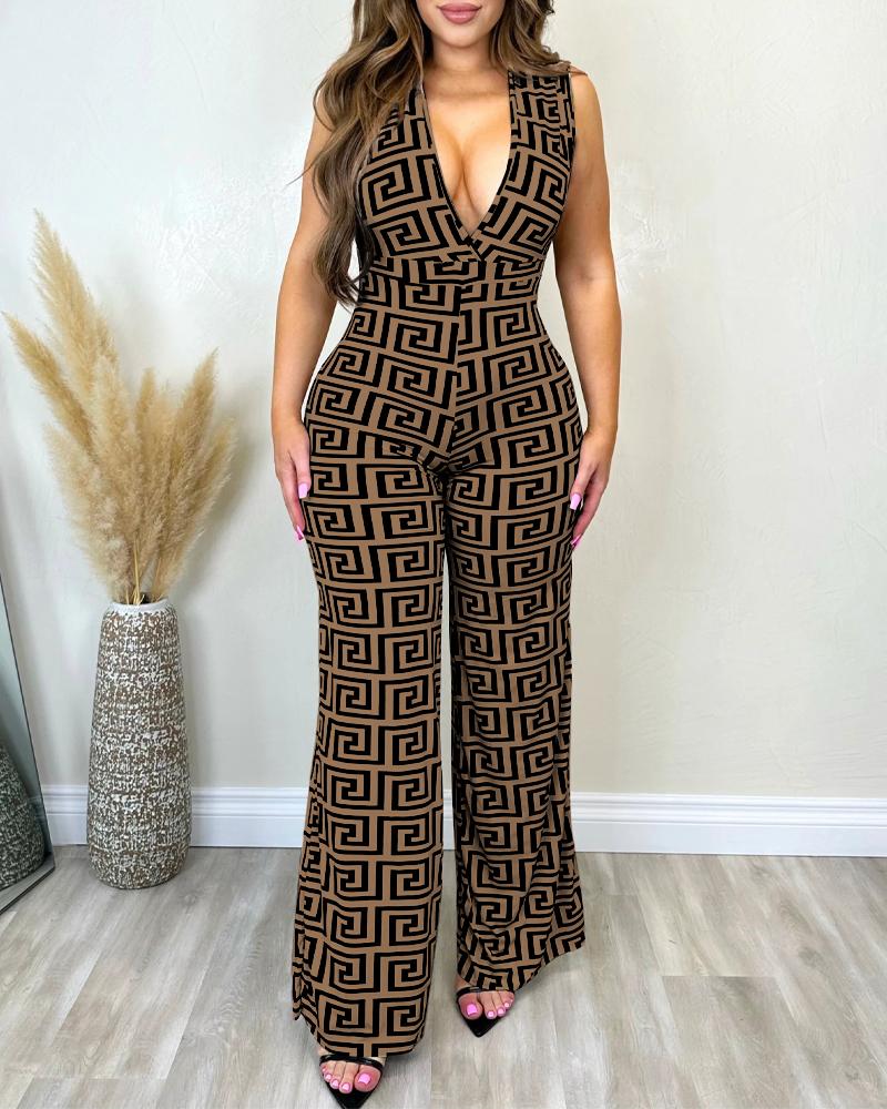 

Geometric Print Plunge Sleeveless Jumpsuit, Coffee
