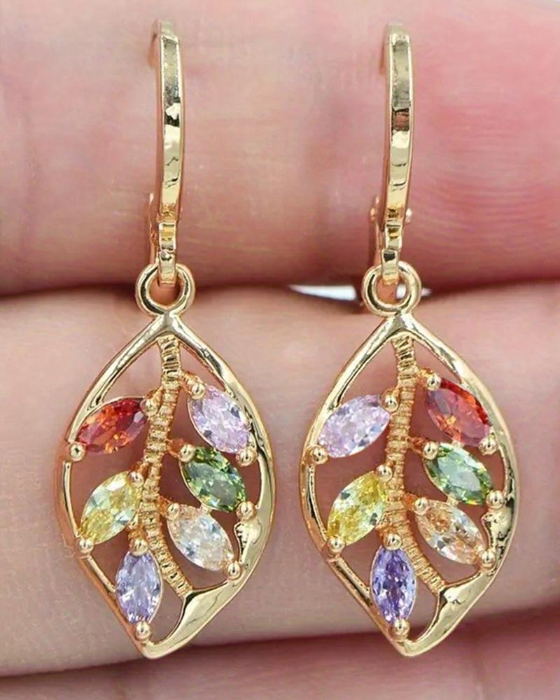 

1Pair Multicolor Mystic Cubic Zirconia Leaf-Shaped Dangle Earrings, Gold