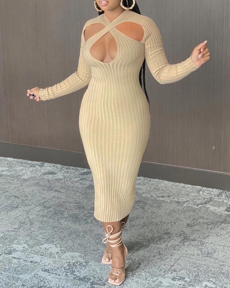 

Cutout Front Long Sleeve Midi Dress, Apricot
