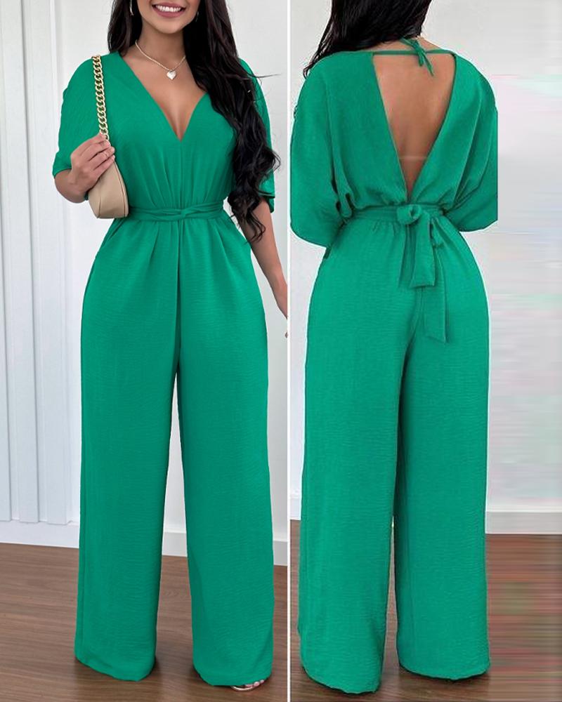 

Batwing Sleeve Backless Tied Detail Jumpsuit, Green