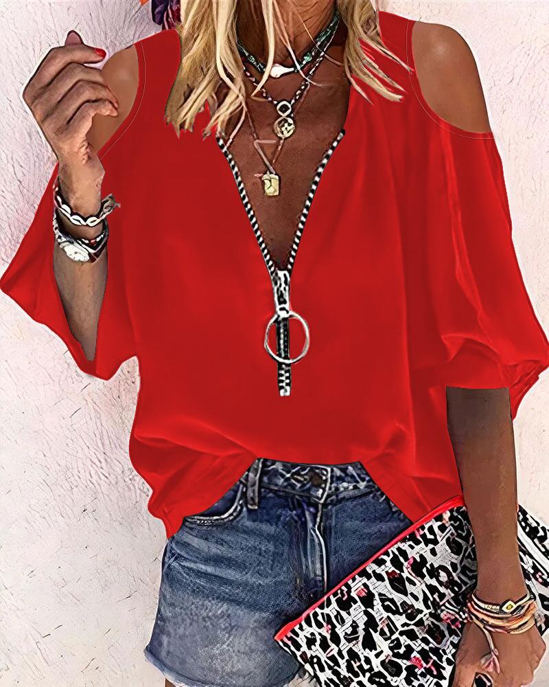 

Cold Shoulder Zip Front Chiffon Top, Red