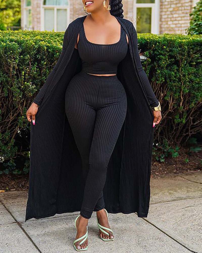 

Sleeveless Crop Top & Pants Set With Longline Coat, Black