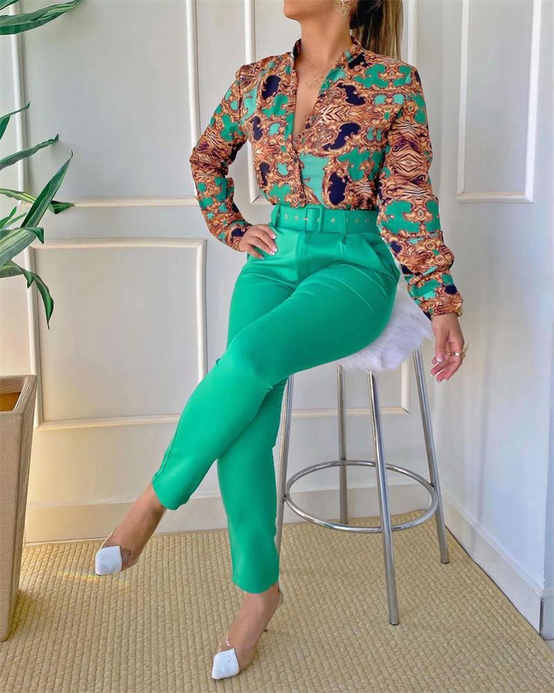 

Baroque Print Long Sleeve Top & Pants Set With Belt, Green