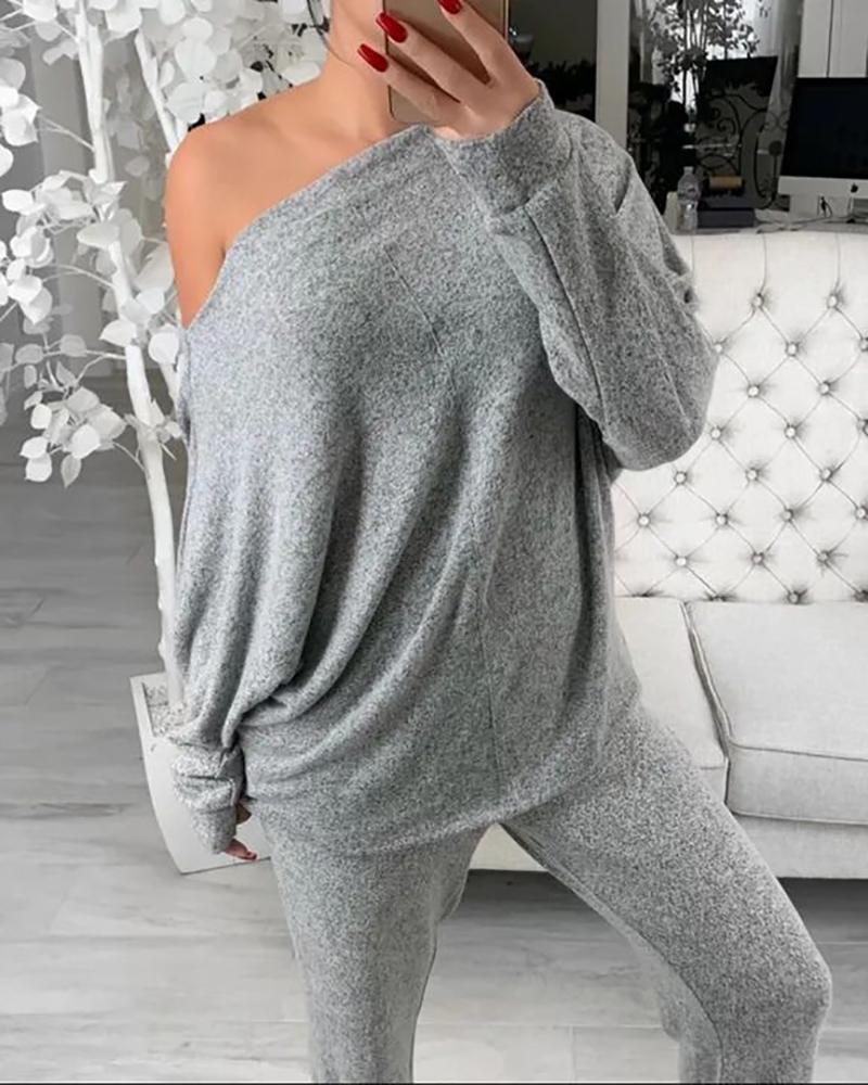 

Boat Neck Drop Shoulder Long Sleeve Sweater, Gray