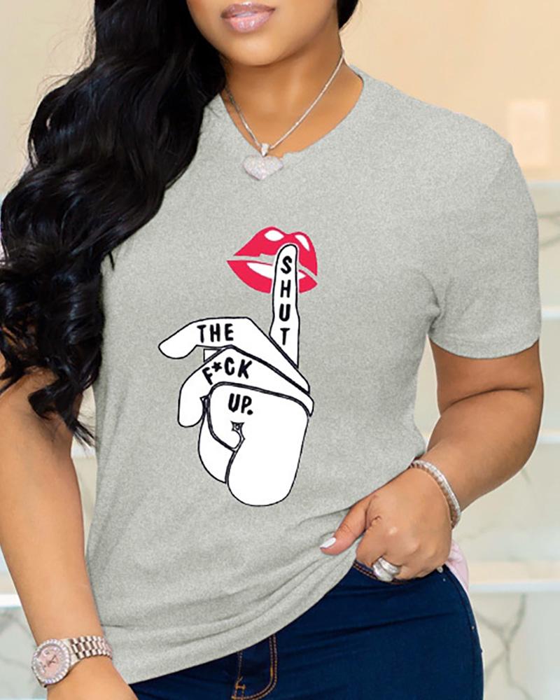 

Lip Hand Print Short Sleeve T-Shirt, Gray
