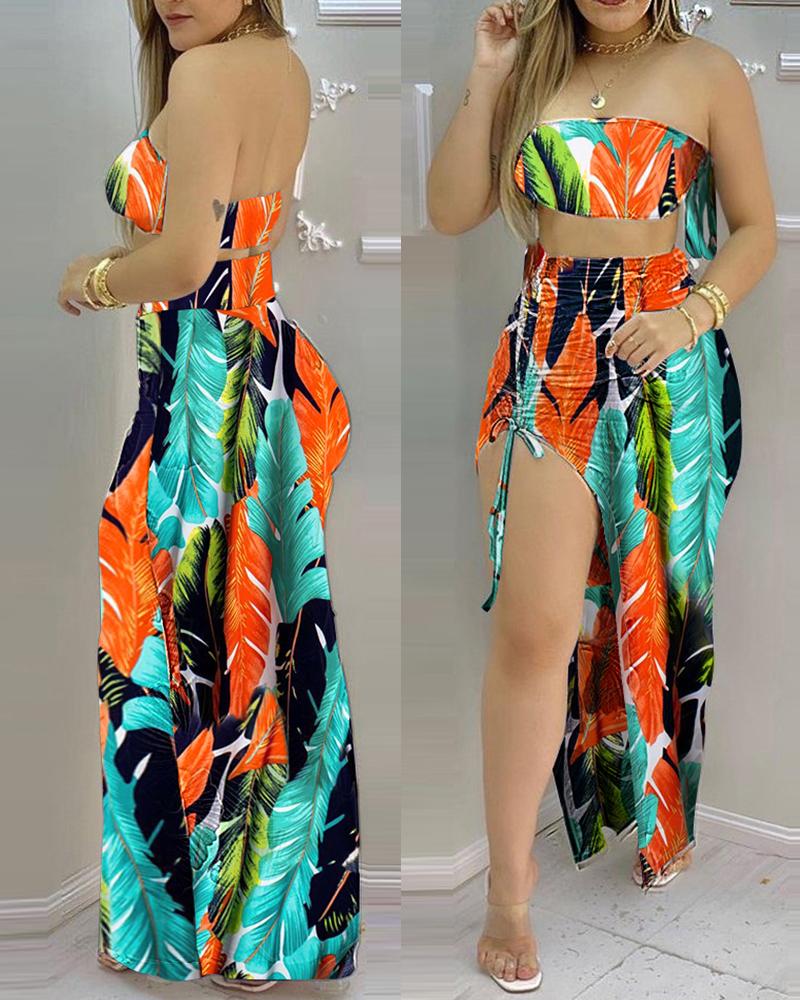 

Tropical Print Drawstring Slit Off Shoulder Crop Backless Top & Skirt Sets, Multicolor