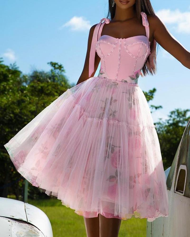 

Floral Print Tied Detail Sheer Mesh Overlay Corset Dress, Pink