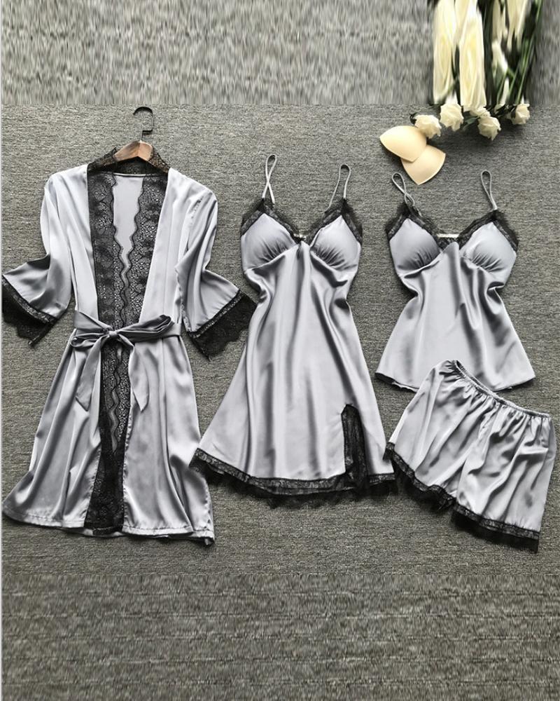 

4PCS Lace Trim Padded Cami Set With Nightdress & Belted Robe, Gray