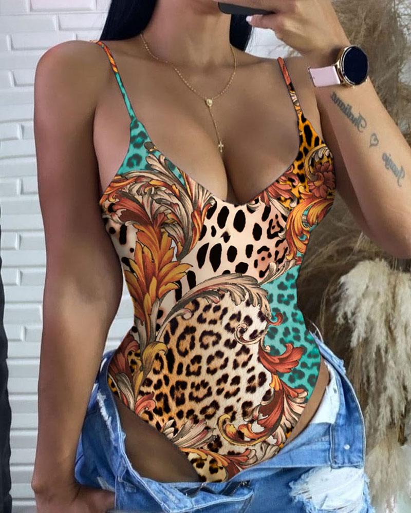 

Spaghetti Strap Cheetah Baroque Print Bodysuit, Yellow