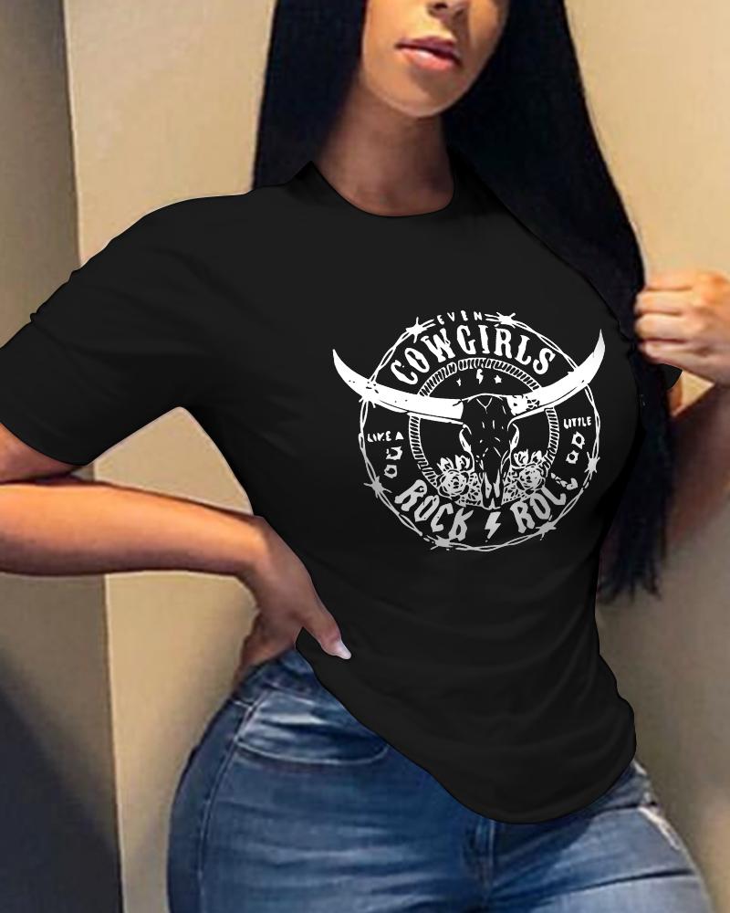 

Cowgirls Rock & Roll Steer Skull Print T-shirt Western Country Music Graphic Tee, Black