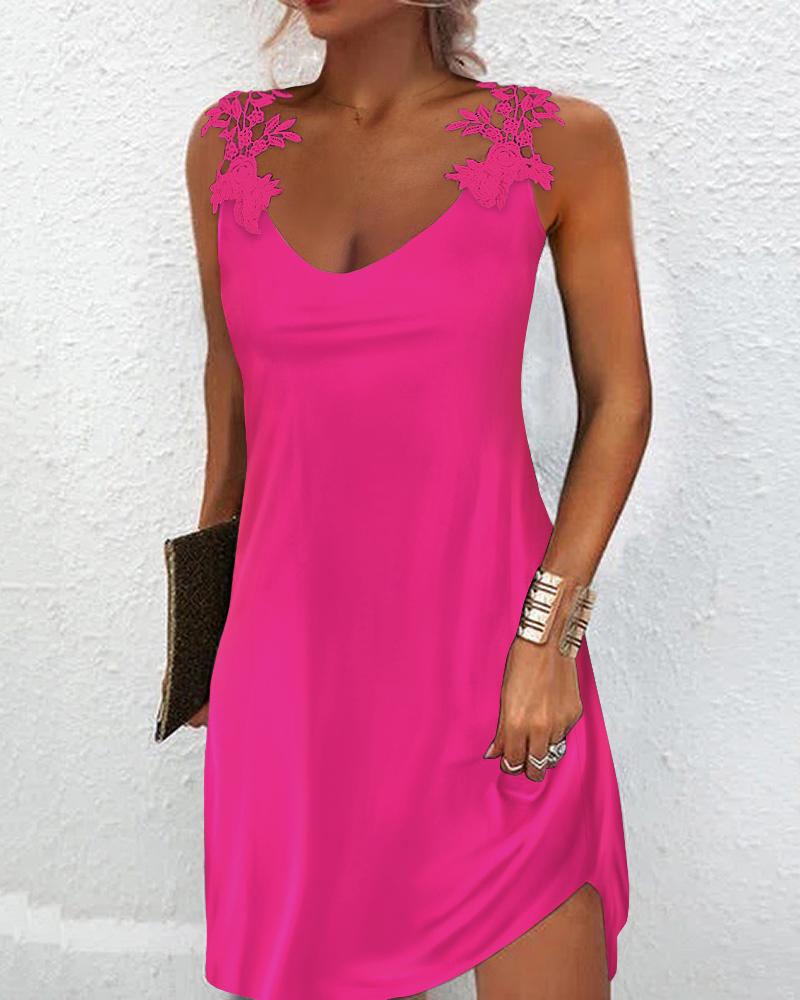 

Contrast Lace Sleeveless Casual Dress, Hot pink