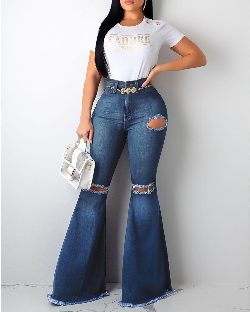 

Solid High Waist Bell-Bottom Distressed Jeans, Blue