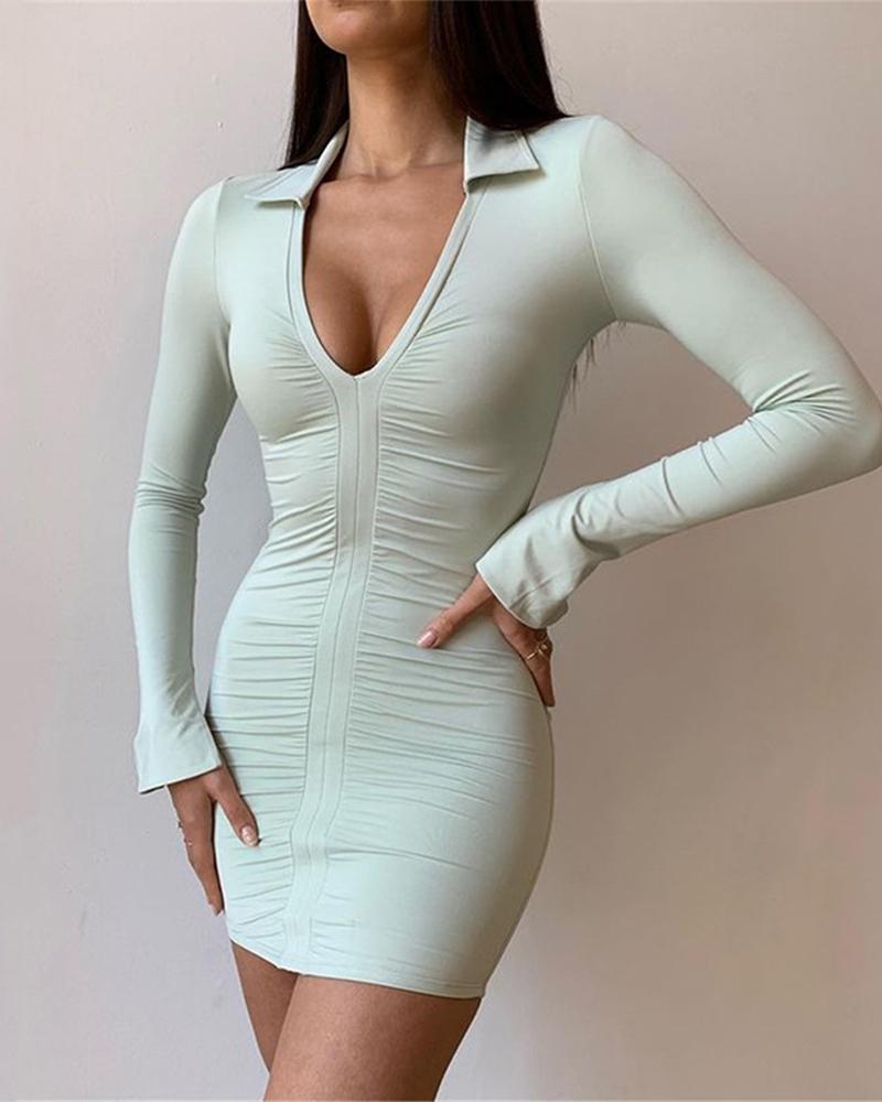 

Collared Plunging Neck Split Hem Ruched Bodycon Dress, Green