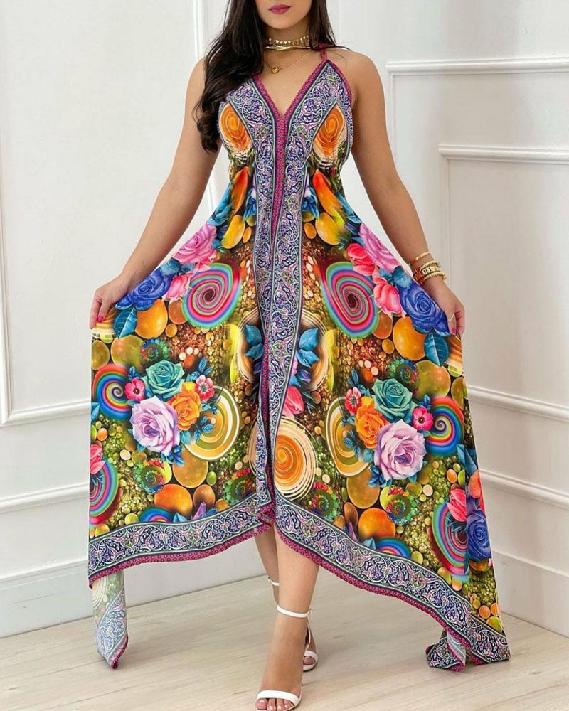 

Floral Graphic Print Asymmetrical Cami Dress, Multicolor