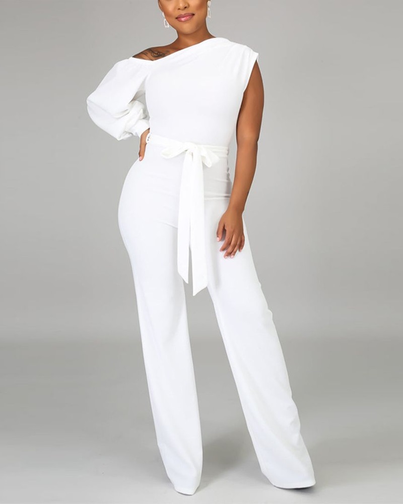 

Cold Shoulder Lantern Sleeve Belted Jumpsuit, White