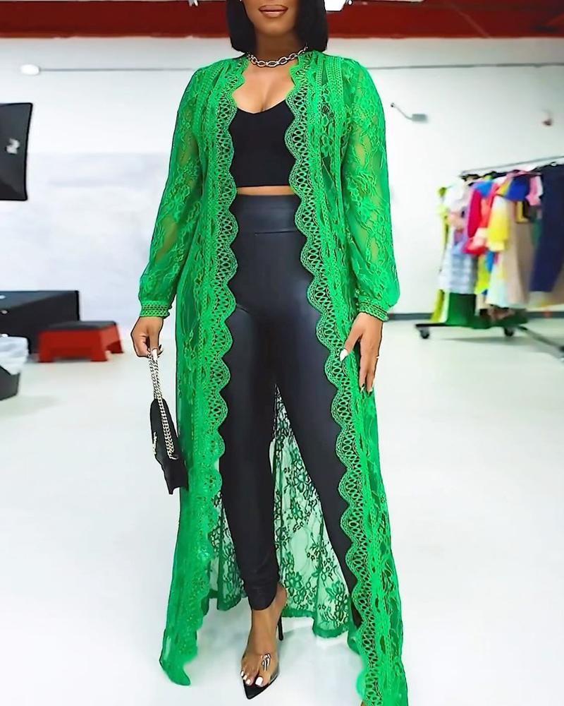 

Crochet Lace Scallop Trim Longline Coat, Green