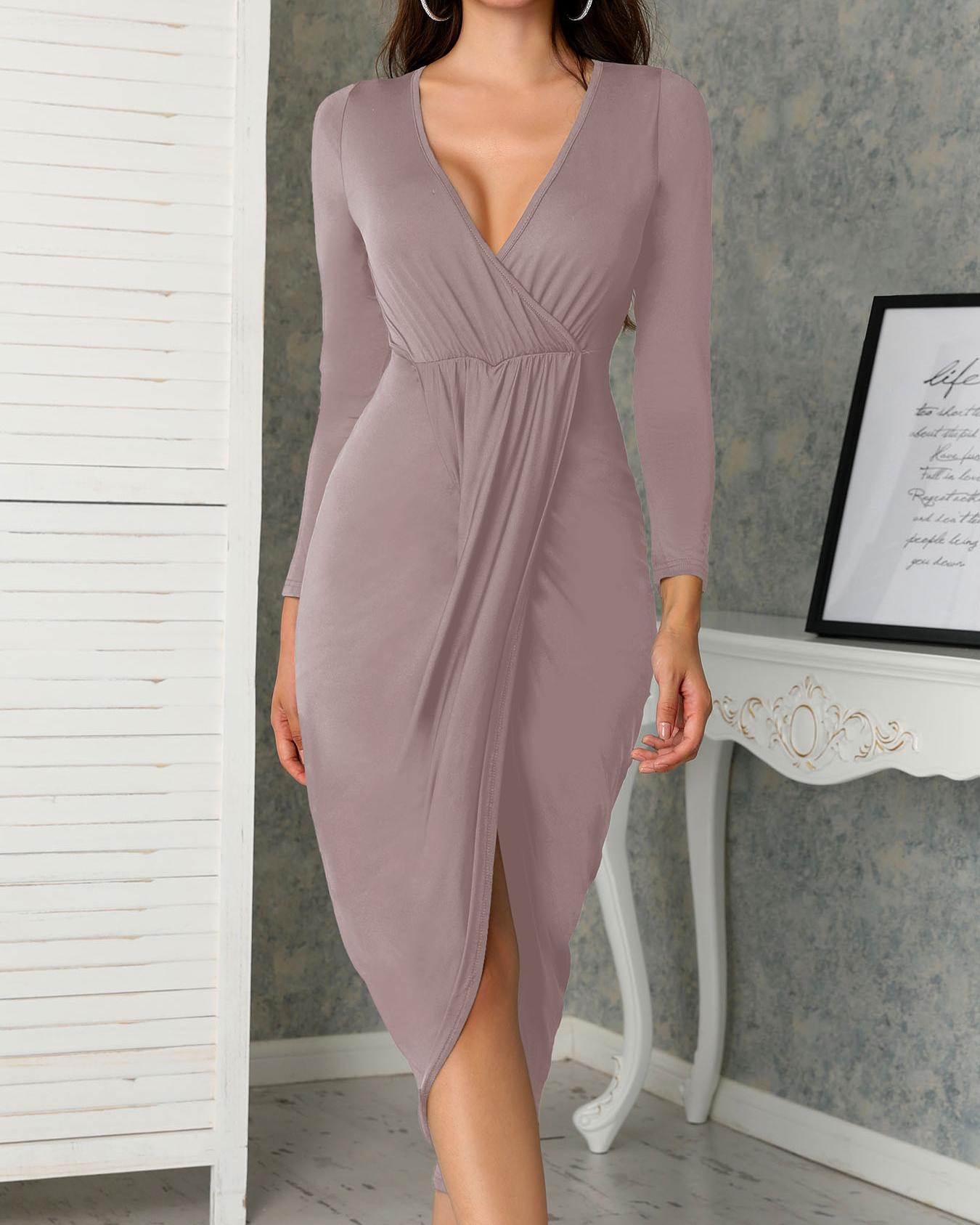 

Deep V Ruched Tulip Hem Party Dress, Brown