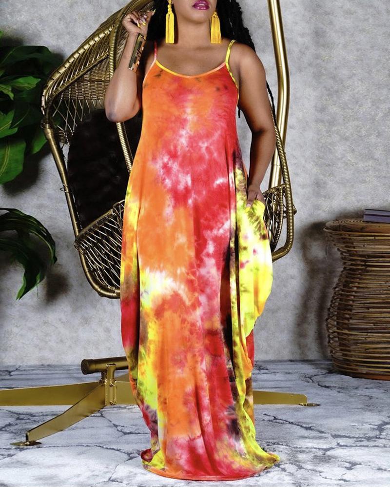 

Plus Size Spaghetti Strap V-Neck Tie Dye Print Maxi Dress, Orange