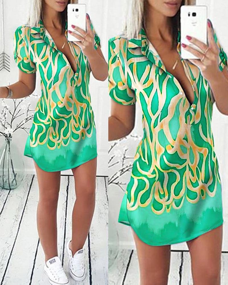 

Abstract Print Button Front Shirt Dress, Green