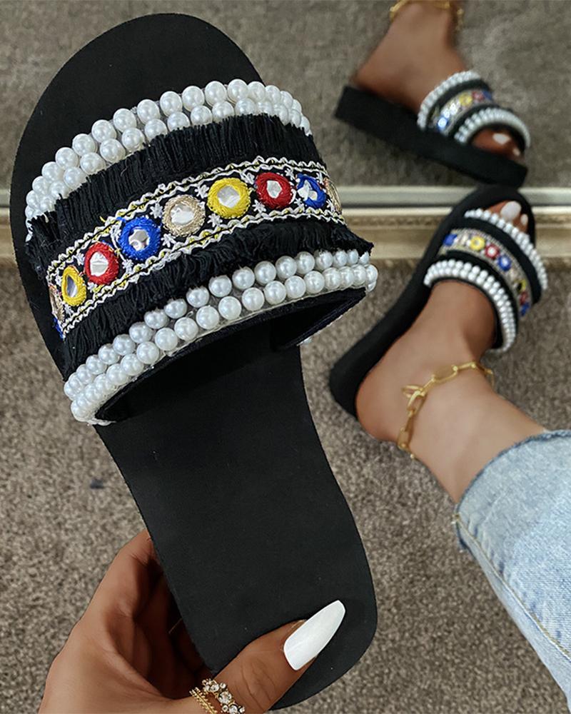 

Multicolor Embroidery Open-toe Flat Platfrom Sandals, Black