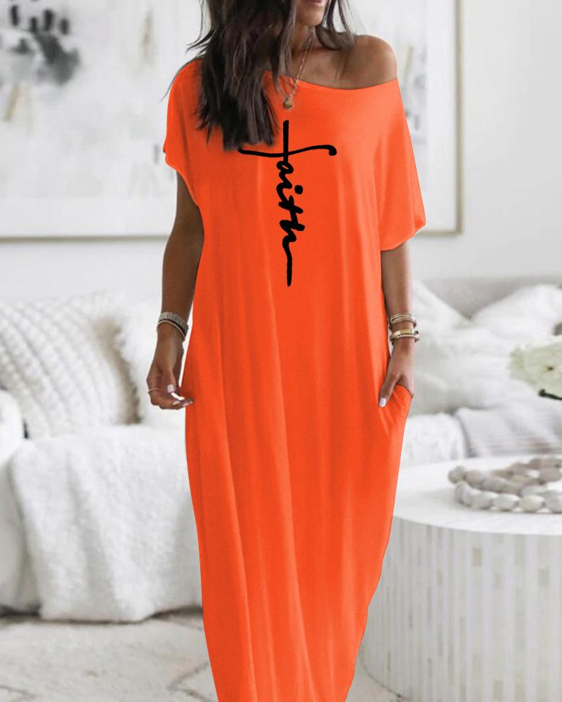 

Letter Print Short Sleeve Maxi Dress, Orange