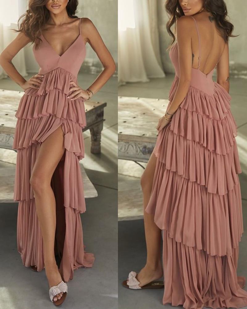 

Backless Layered Ruffles High Slit Dress, Pink