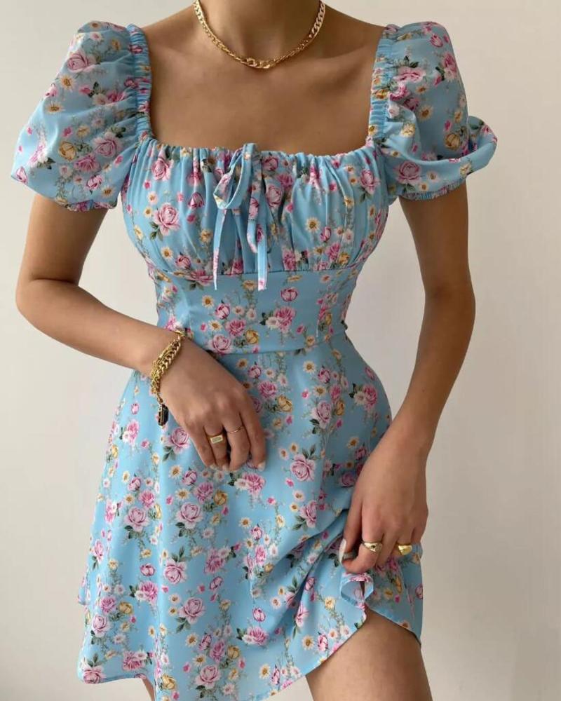 

Puff Sleeve Ruched Ditsy Floral Print Dress, Blue