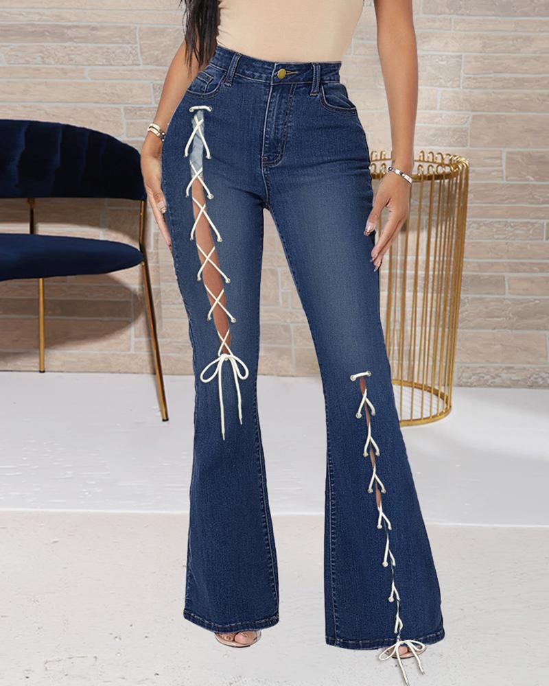 

Lace Up Tied Detail Flared Denim Pants, Dark blue