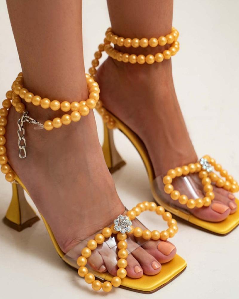 

Ladies Beaded Decor Square Toe High Heel Sandals, Yellow