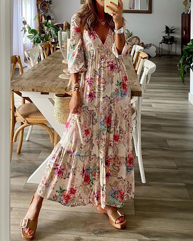 

Lantern Sleeve Floral Paisley Print Dress, Pink