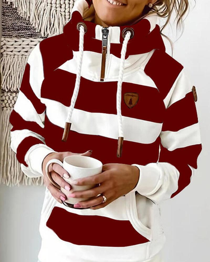 

Striped Zipper Detail Grommet Eyelet Drawstring Hoodie, Red