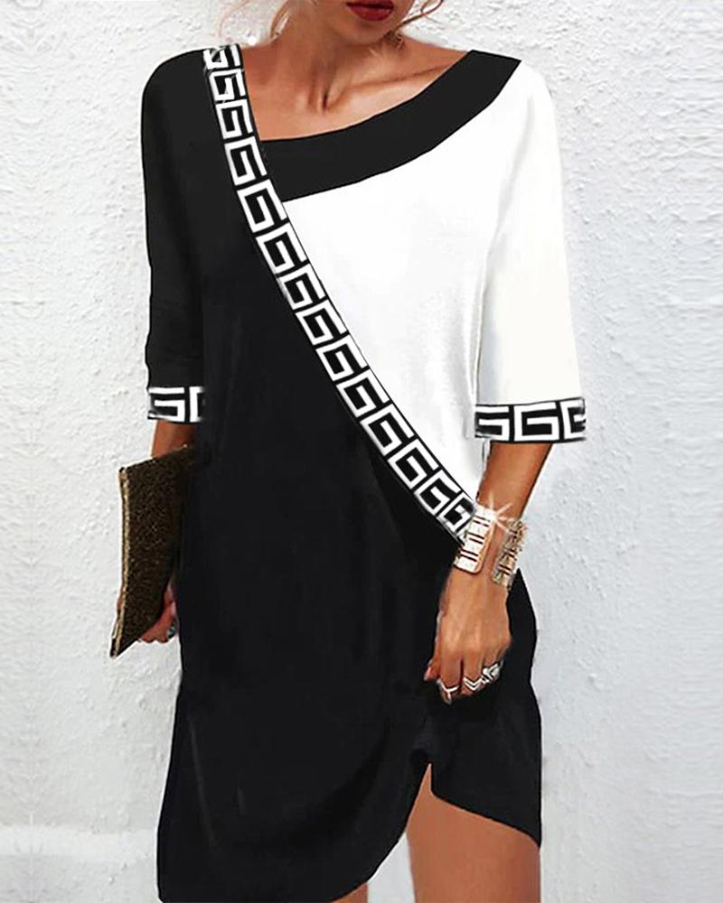 

Colorblock Geometric Print Casual Dress, Blackwhite
