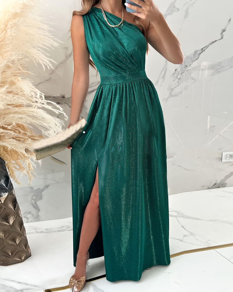 

One Shoulder Ruched Split Thigh Party Dress, Green