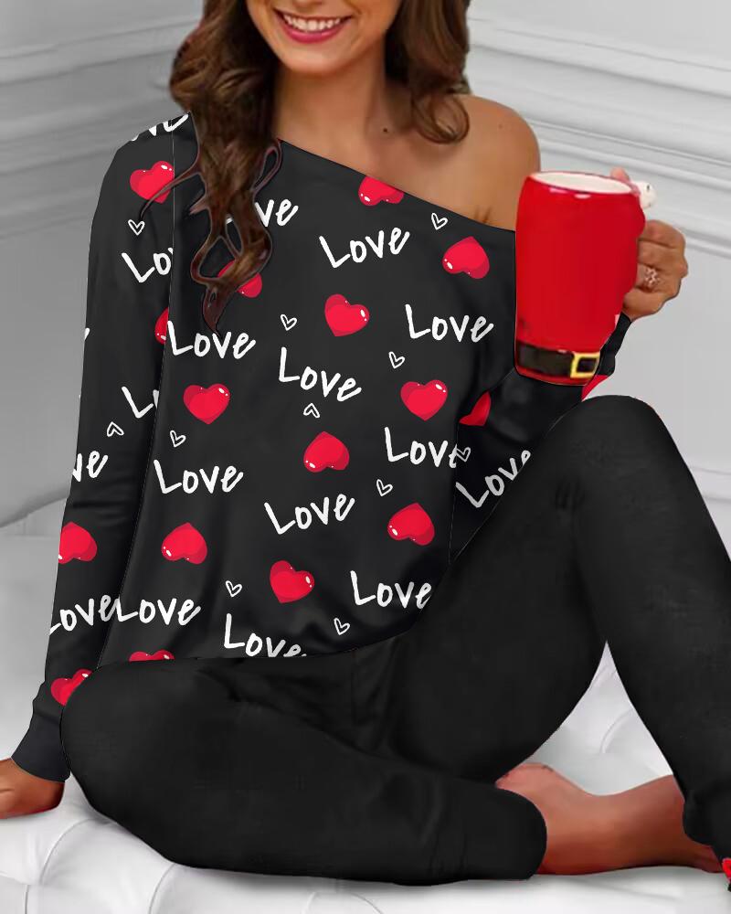 

Valentine' Day Heart Letter Print Long Sleeve Pajamas Set, Black