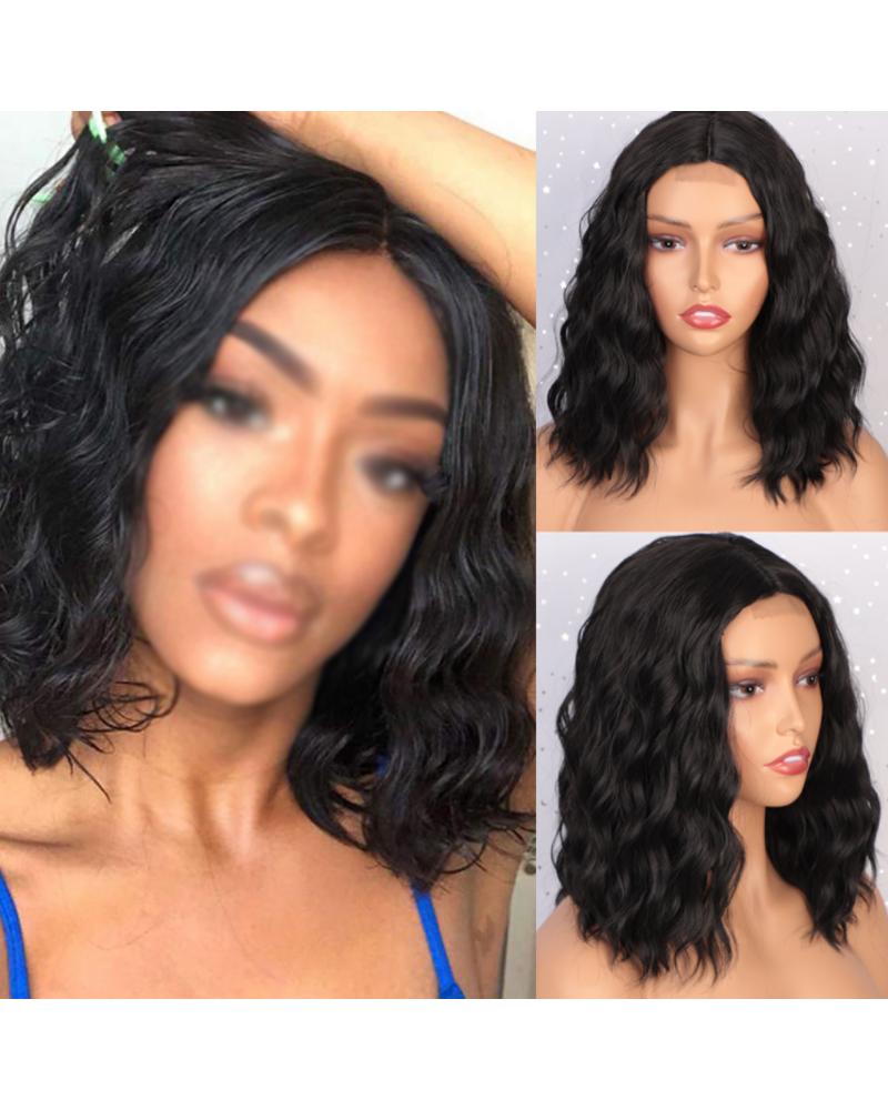 

15Inch Short Curly Hair Wig Shoulder Length Middle Part Natural Looking Synthetic Wavy Bob Wigs, Black