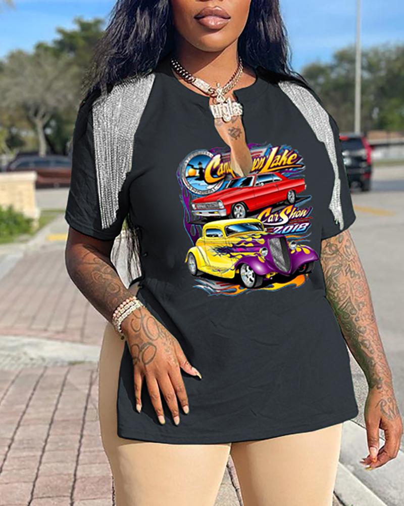 

Letter Car Print Tassel Decor Slit T-shirt, Black