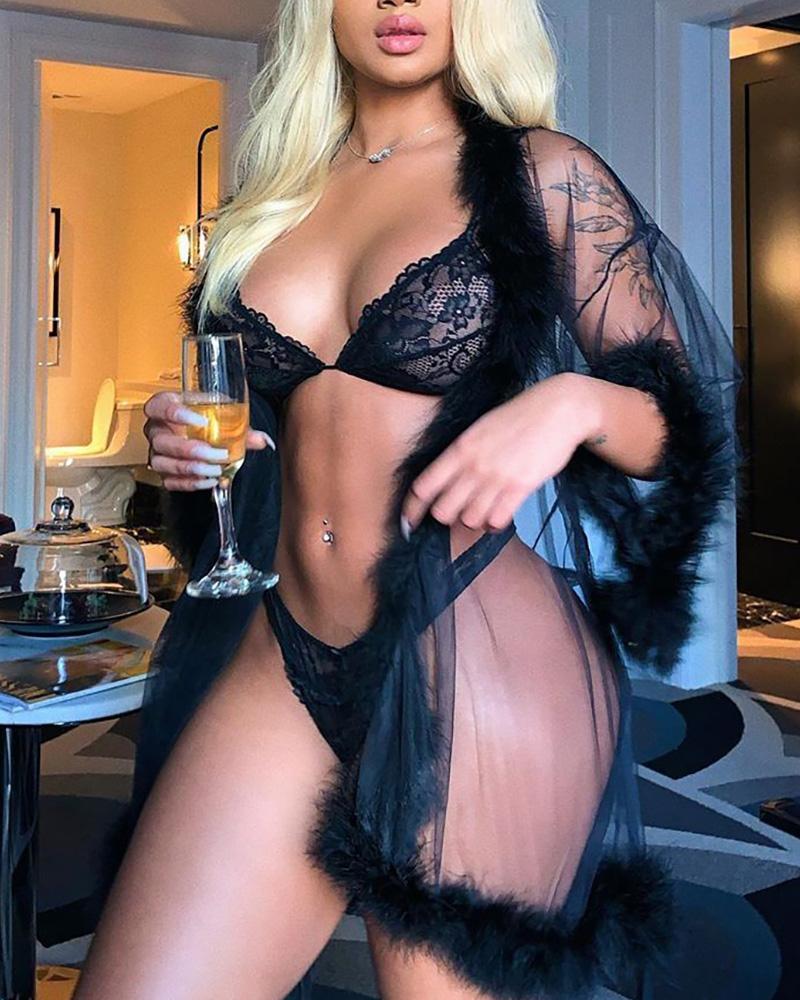 

Feather Detail Sheer Mesh Striped Robe, Black