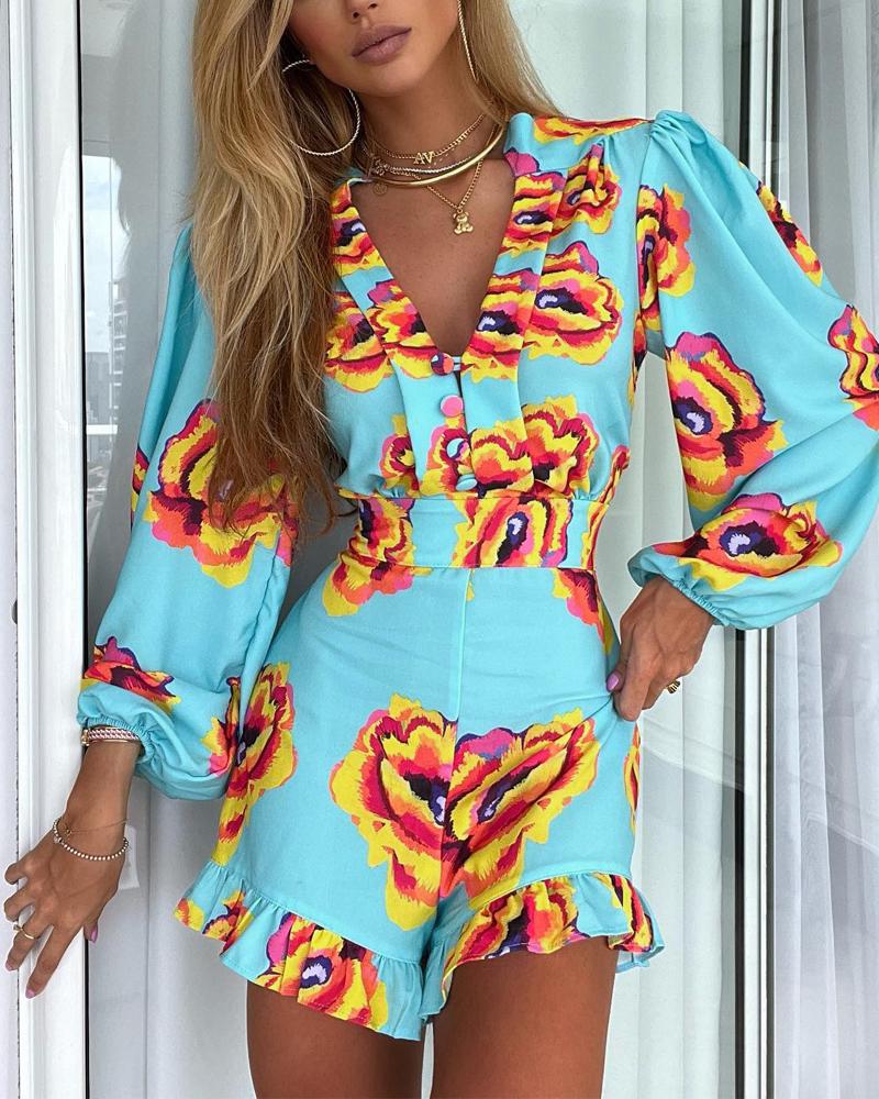 

Floral Print Lantern Sleeve Ruffle Hem Romper, Blue