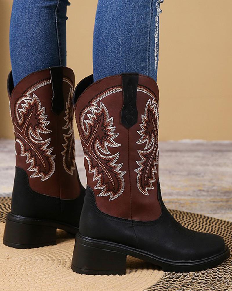 

Embroidery Colorblock Round Toe Chunky Cowboy Boots, Black