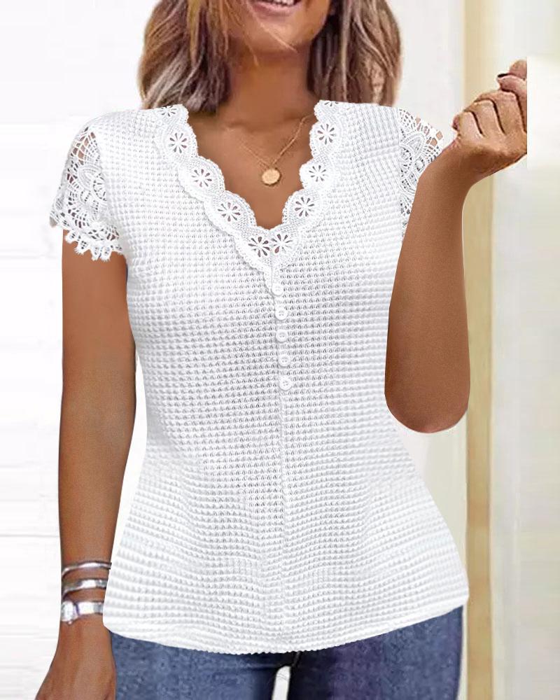 

Lace Path Buttoned Casual T-shirt, White