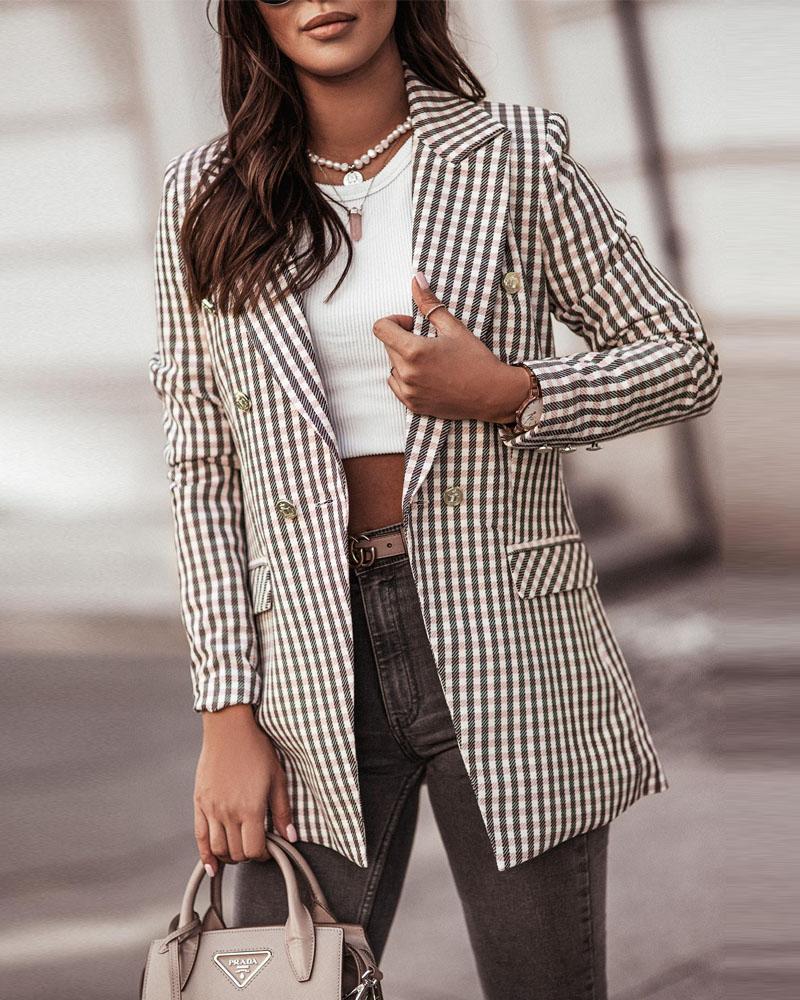 

Plaid Print Double Breasted Flap Detail Blazer Coat, Black&pink