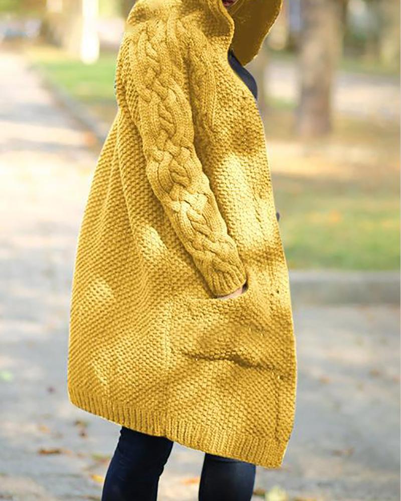 

Long Sleeve Hooded Buttoned Knit Braided Cardigan, Yellow