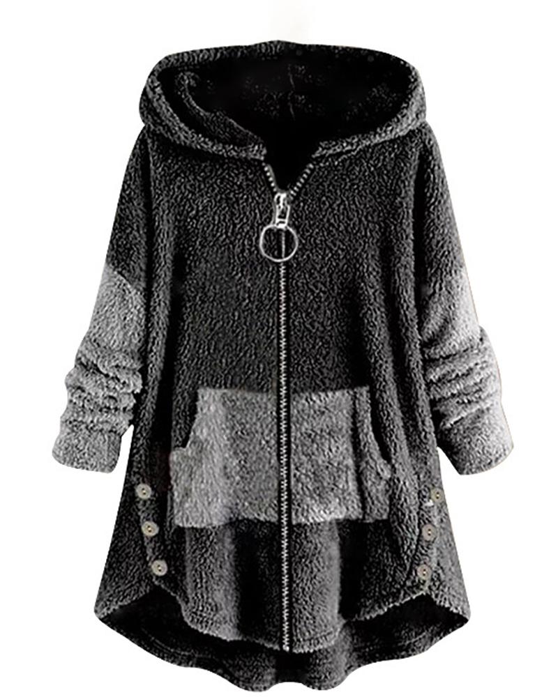 

Plus Size Patchwork Long Sleeve Hooded Zip Up Teddy Coat, Dark grey