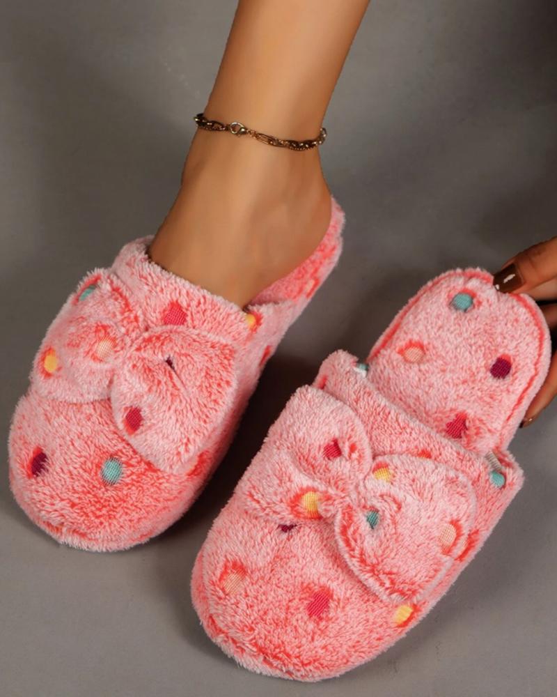 

Fuzzy Bowknot Design Polka Dot Pattern Slippers, Pink