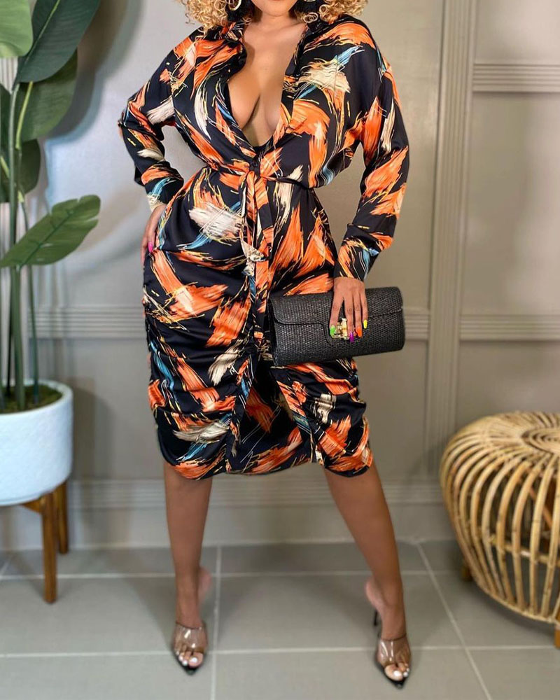 

Abstract Print Button Front Long Sleeve Belted Shirt Dress, Multicolor