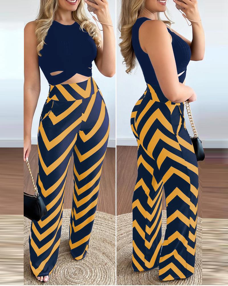 

Crisscross Crop Tank Top & Geo Print High Waist Pants Set, Yellow