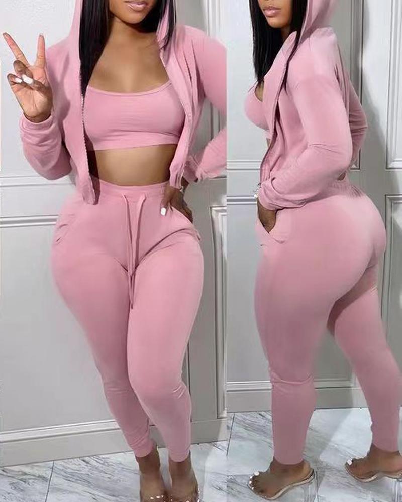 

3PCS Crop Cami Top & Pants Set With Zip Up Coat, Pink