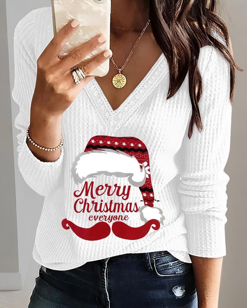 

Merry Christmas Everyone Cartoon Print V-Neck Contrast Lace Top, White