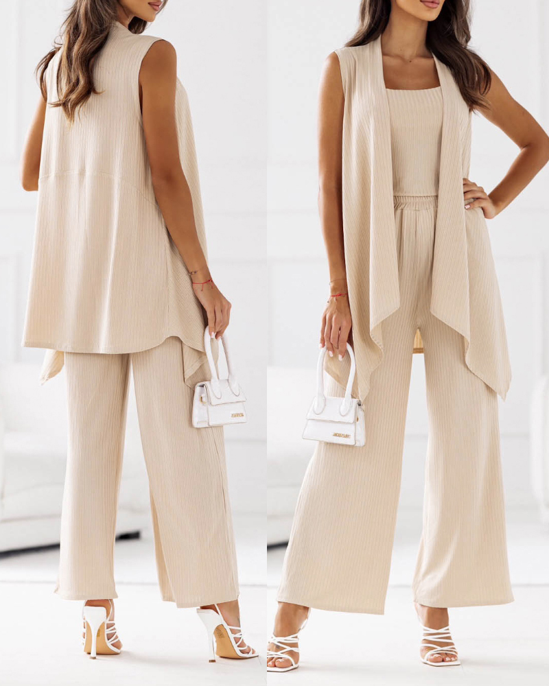 

Cami Top & Flared Leg Pants Set With Coat, Apricot