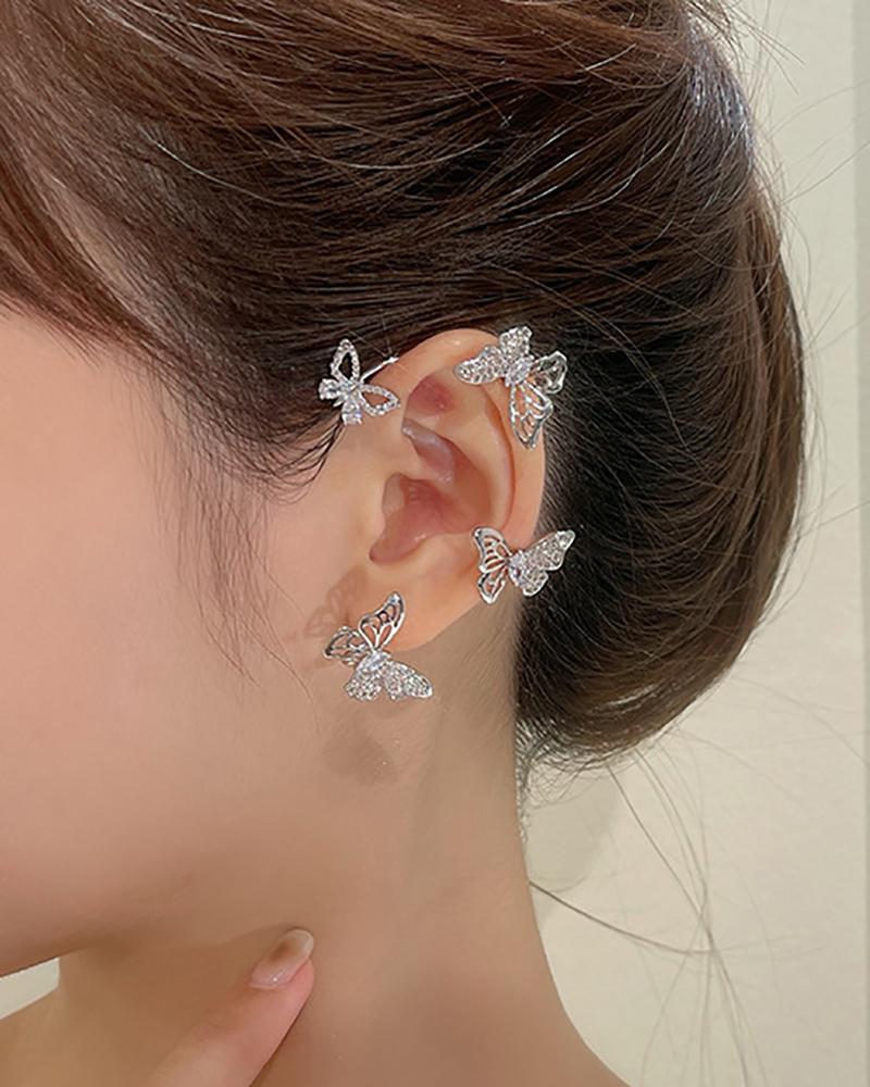 

1pcs Rhinestone Decor Butterfly Shaped Ear Climber, Silver